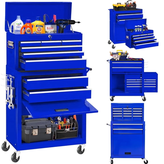 POVANLI High Capacity Rolling Tool Box with Wheels and 8 Drawers, Wheels Lockable, 2-IN-1 Tool Chest & Cabinet, Organizer, for Garages, Warehouses, Workshops, Repair Shops, Blue