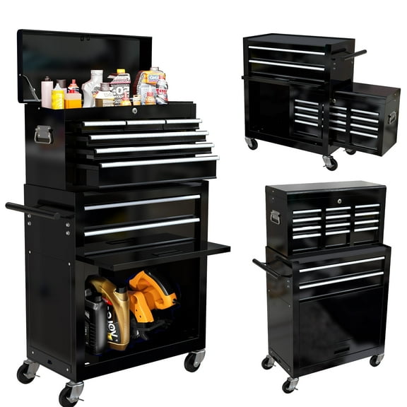 POVANLI High Capacity Rolling Tool Box with Wheels and 8 Drawers, Wheels Lockable, 2-IN-1 Tool Chest & Cabinet, Organizer, for Garages, Warehouses, Workshops, Repair Shops, Black