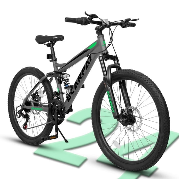 POVANLI Mountain Bike 24 Inch, Dual Full Suspension, Carbon Steel Frame Mountain Bike for Mens Womens, Go to School/Work with 21-Speed Disc Trail Commuter City Beach Bicycles, Gift(Gray)