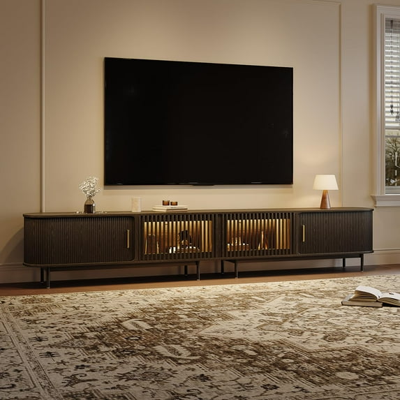 POVISON-118.11"Mid-Century Modern Tambour Door TV Stand with LED Lights, LED TV Stand,Black TV Console, Rolling Door Wood Media Console with legs.