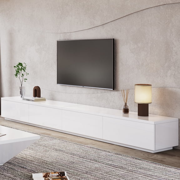 POVISON 118" Modern White Matte TV Stand，Minimalist Large Entertainment Center for up to 100 Inch TV with 4 Drawers