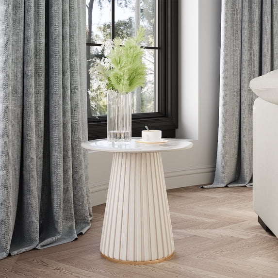 POVISON 14.96" Modern Light Luxury Side Table, Glossy Sintered Stone Tabletop with Metal Base