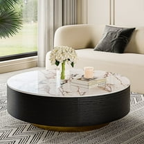 POVISON 35.43" Modern Drum Coffee Table with Oak Veneer, Sintered Stone Coffee Table with Storage, Fully Assembled