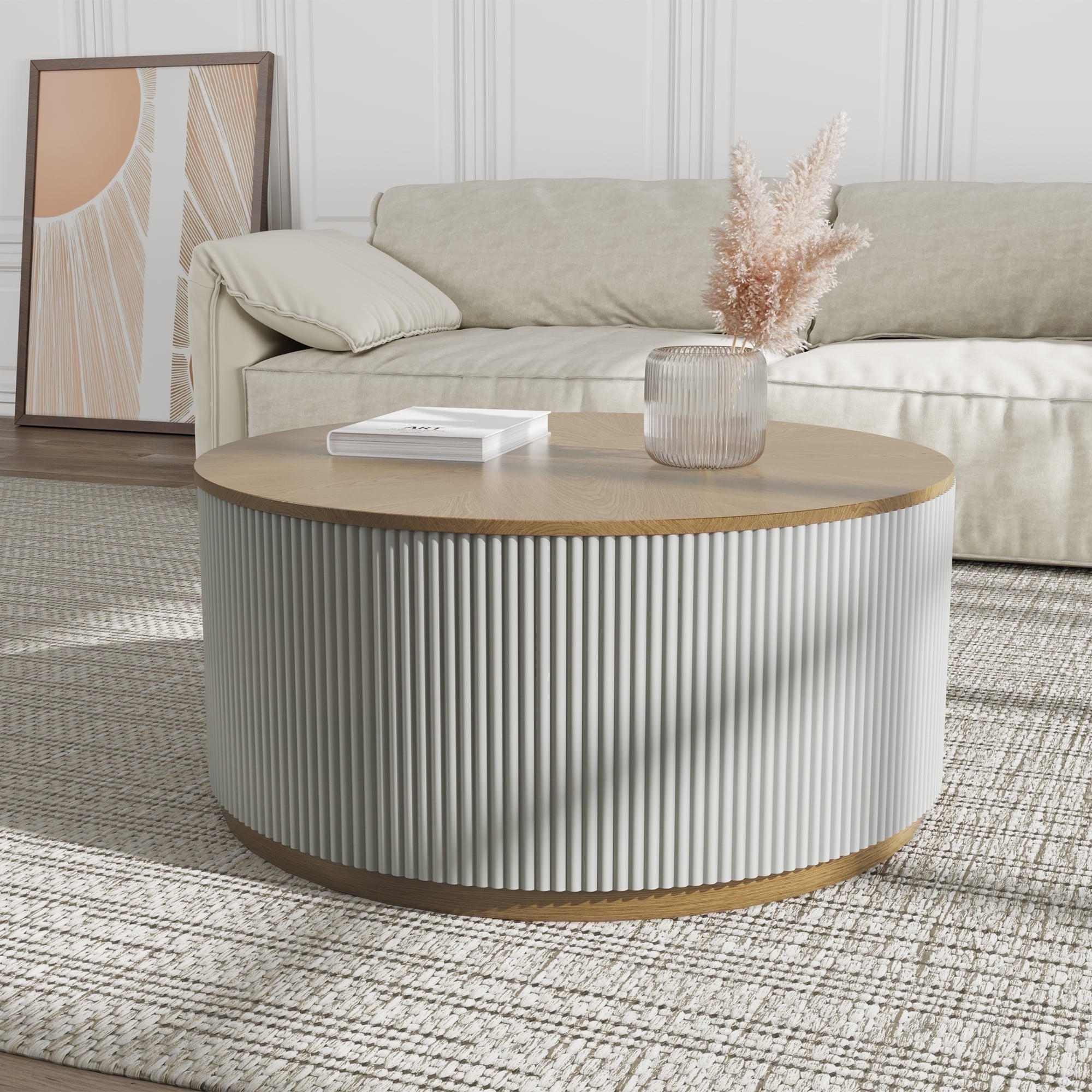 POVISON 35.43" Modern Round Coffee Table，Wood Coffee Table, Solid Wood Veneer, For Living Room, Gray