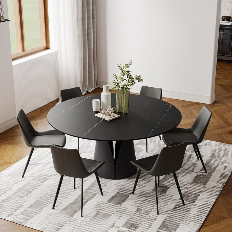 POVISON 47 Modern Round Black Dining Table for 4 Matte Sintered Stone Tabletop Black Carbon Steel Base