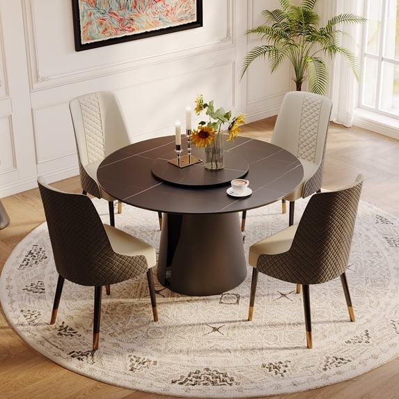 POVISON 47"Modern Round Black Kitchen Dining Table For 4 With Lazy ...