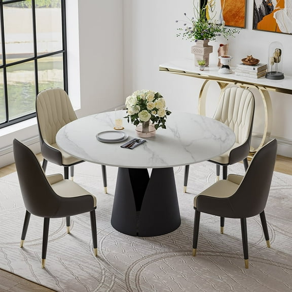 POVISON 47"Modern Round White Dining Table for 4, Matte Sintered Stone Tabletop, Solid Black Carbon Steel Base