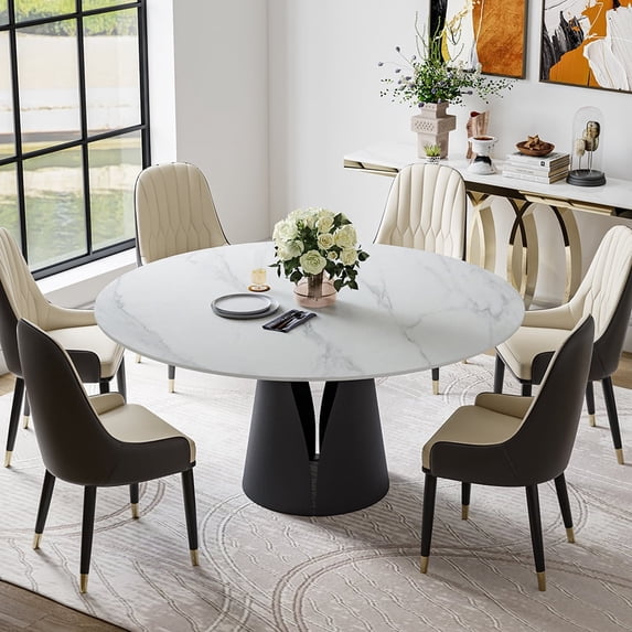 POVISON 47"Modern Round White Dining Table for 4, Matte Sintered Stone Tabletop, Solid Black Carbon Steel Base