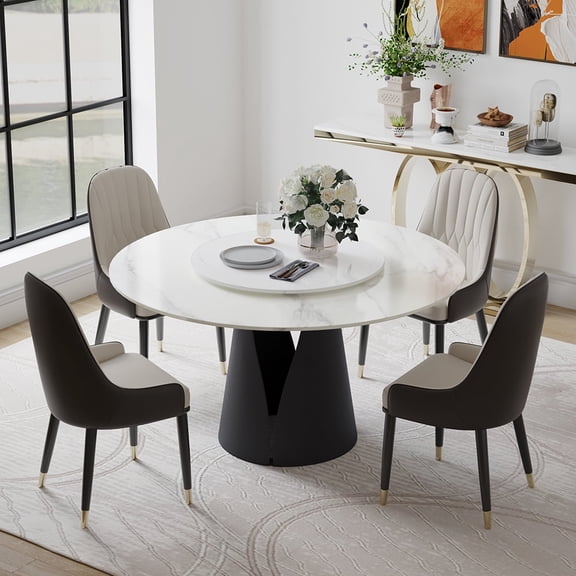 POVISON 47"Modern Round White Kitchen Dining Table For 4 With Lazy Susan, Glossy Sintered Stone Tabletop, Solid Black Carbon Steel Base