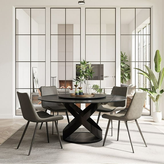 POVISON 51" Modern Black Round Dining Table for 6 with Lazy Susan, Matte Sintered Stone Tabletop, Black X Carbon Steel Base