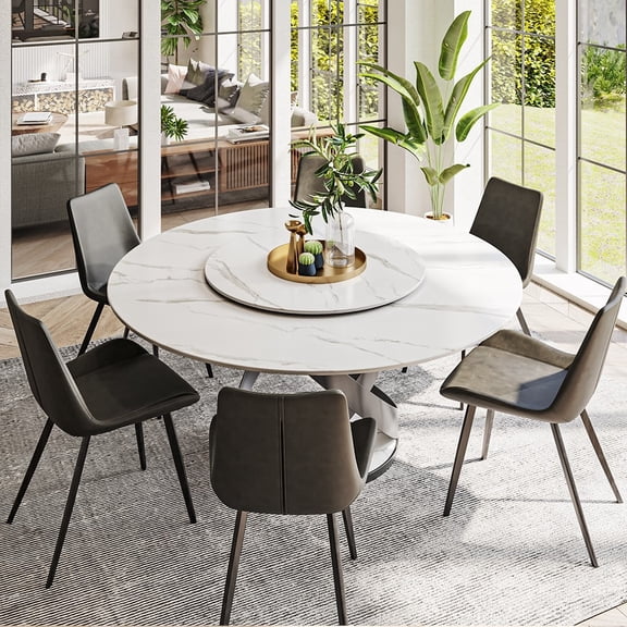 POVISON 51"Modern Glossy Dining Table For 4 With Lazy Susan, White Round Sintered Stone Tabletop, Black X Carbon Steel Base