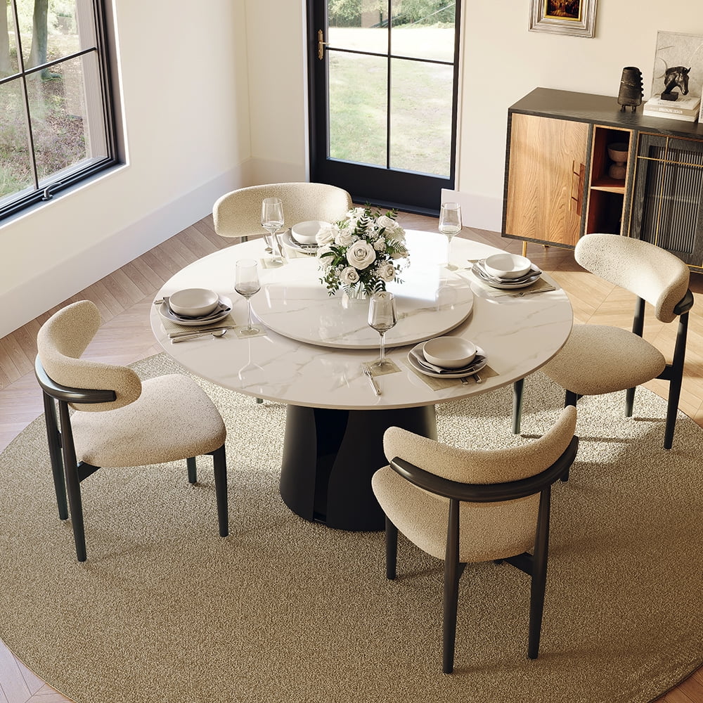 POVISON 59"Modern Round Black Kitchen Dining Table For 6 With Lazy Susan, Glossy Sintered Stone Tabletop, Solid Black Carbon Steel Base