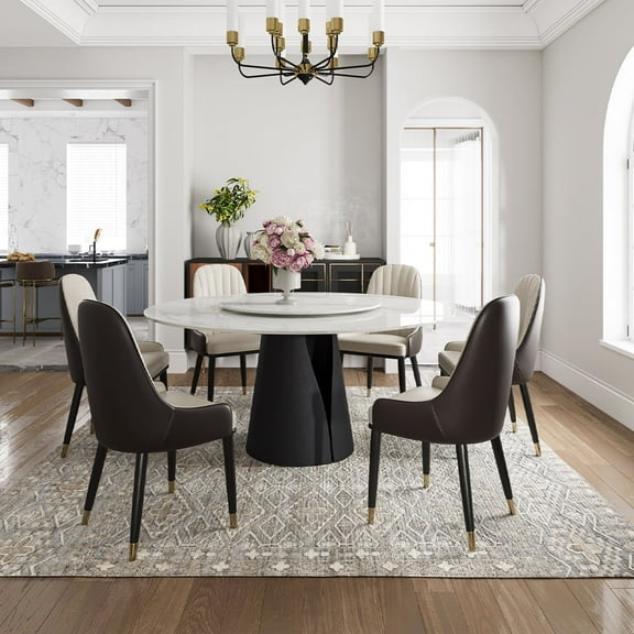 POVISON 51"Modern Round Black Kitchen Dining Table For 4 With Lazy Susan, Matte Sintered Stone Tabletop, Solid Black Carbon Steel Base