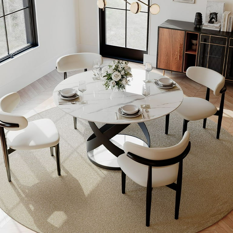 White Round Table With Black Chairs Tulip Fiberglass Dining Table