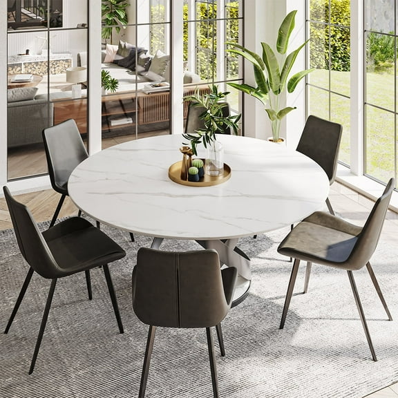 POVISON 51"Modern Round Glossy White Dining Table for 4, Sintered Stone Tabletop With Black X Carbon Steel Base