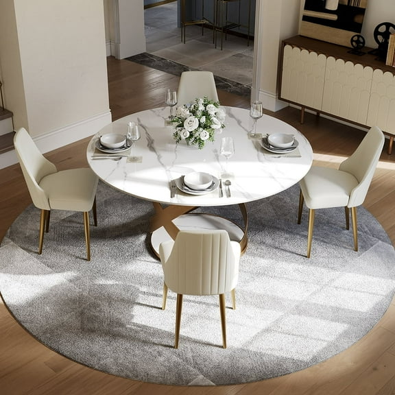 POVISON 51"Modern Round Glossy White Dining Table for 4, Sintered Stone Tabletop with Bronze X Carbon Steel Base