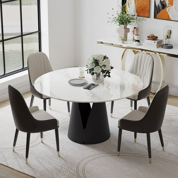 POVISON 51"Modern Round White Dining Table for 4, Glossy Sintered Stone Tabletop, Solid Black Carbon Steel Base