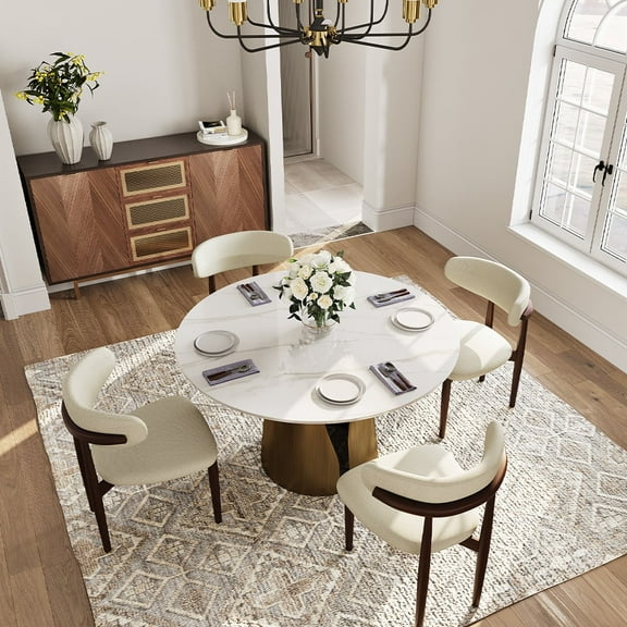 POVISON 51"Modern White Round Dining Table for 4, Glossy Sintered Stone Tabletop, Bronze Carbon Steel Base