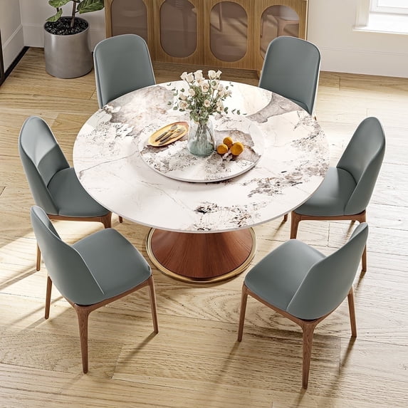 POVISON 53''Modern Round Dining Table with Lazy Susan for 4, Glossy Sintered Stone Tabletop ,Walnut Solid Wood Base