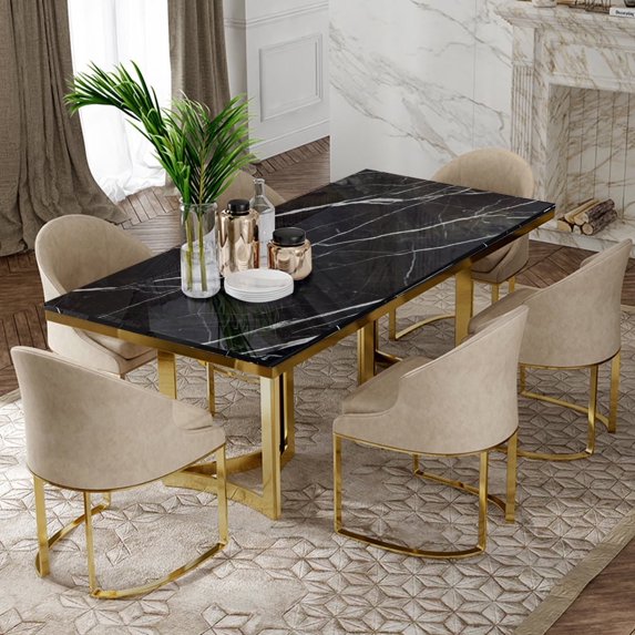 POVISON 55"Bura Modern Faux Marble Dining Table For 4, Black Rectangular Tabletop Gold Stainless Legs