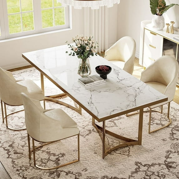 POVISON 55" Bura Modern Faux Marble Dining Table For 4,White Rectangular Tabletop Gold Stainless Legs