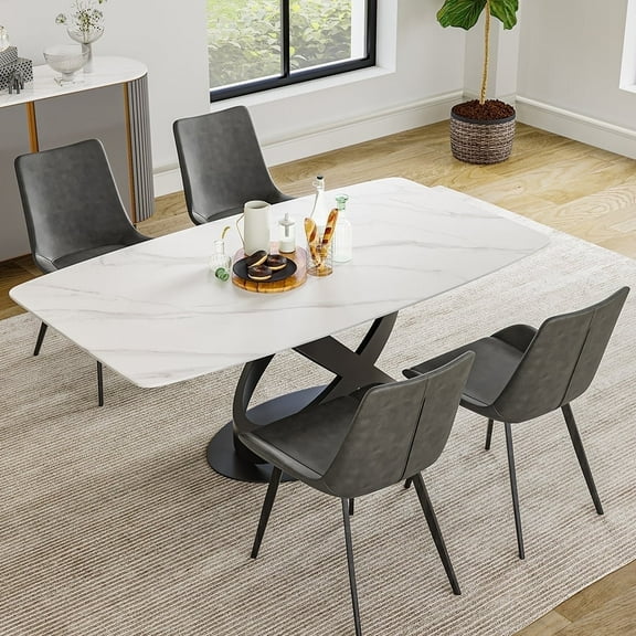 POVISON 55" Modern White Dining Table for 4, Sintered Stone Tabletop Kitchen Table, Solid Black Carbon Steel Base