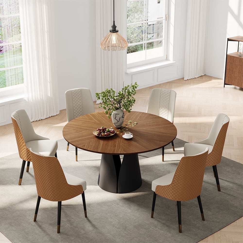 POVISON 59.06" Modern Round Dining Table for 6, Dark Wood Color, MDF ...