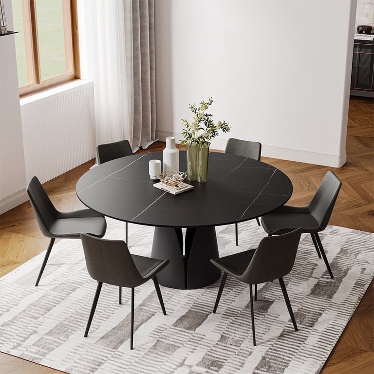 POVISON 59"Modern Black Round Dining Table for 6, Matte Sintered