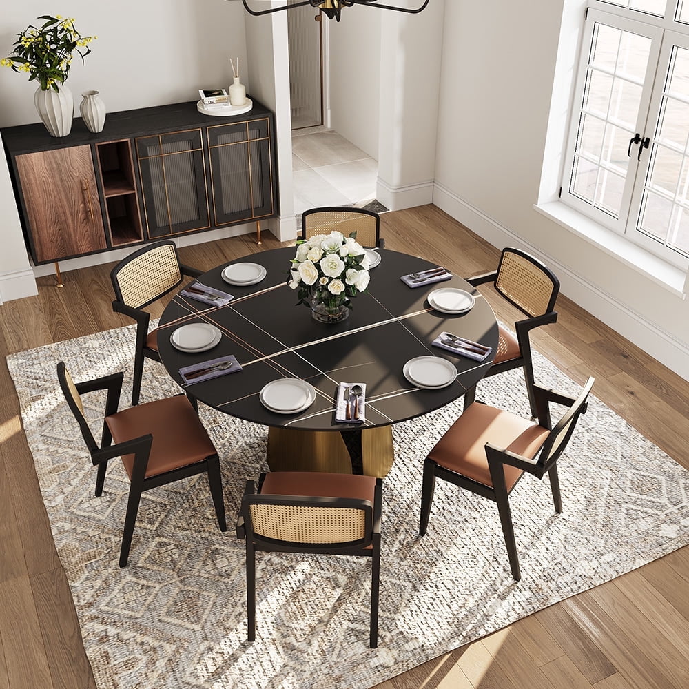 POVISON 59"Modern Black Round Dining Table for 6, Matte Sintered Stone ...