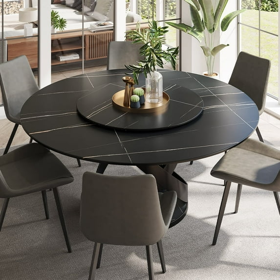 POVISON 59"Modern Black Round Dining Table for 6 with Lazy Susan, Matte Sintered Stone Tabletop, Black X Carbon Steel Base