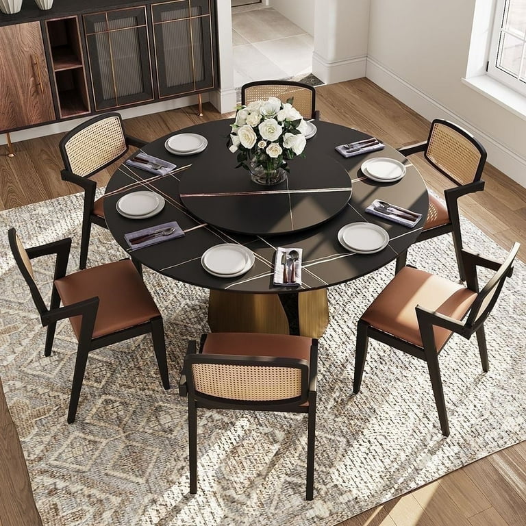 POVISON 59 Modern Black Round Dining Table with Lazy Susan for 6 Matte Sintered Stone Table Bronze Carbon Steel Base