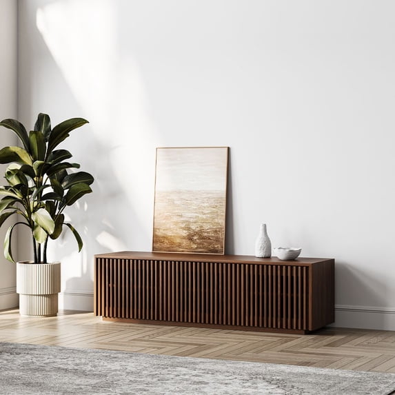 POVISON-59" Modern Minimalist Wood TV Stand, Slatted Entertainment Center, Media Console, Walnut TV Console, Fully-Assembled, Perfect for 45-inch TVs