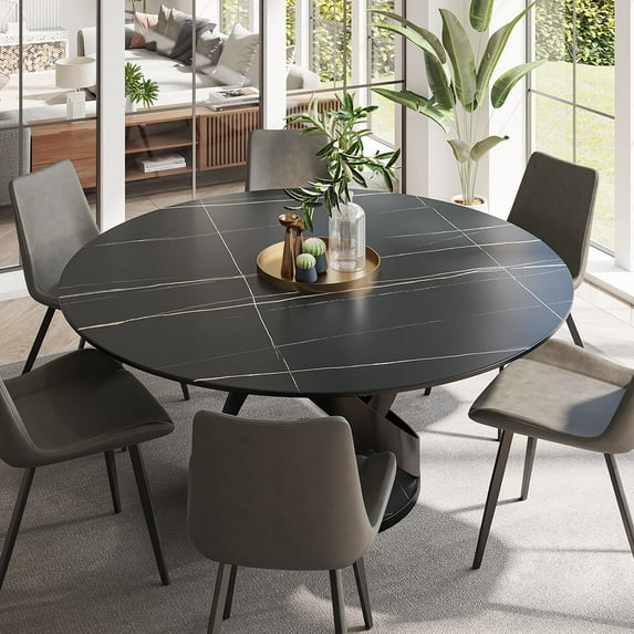 POVISON 59"Modern Round Black Dining Table for 6, Matte Sintered Stone Tabletop with Black X Carbon Steel Base