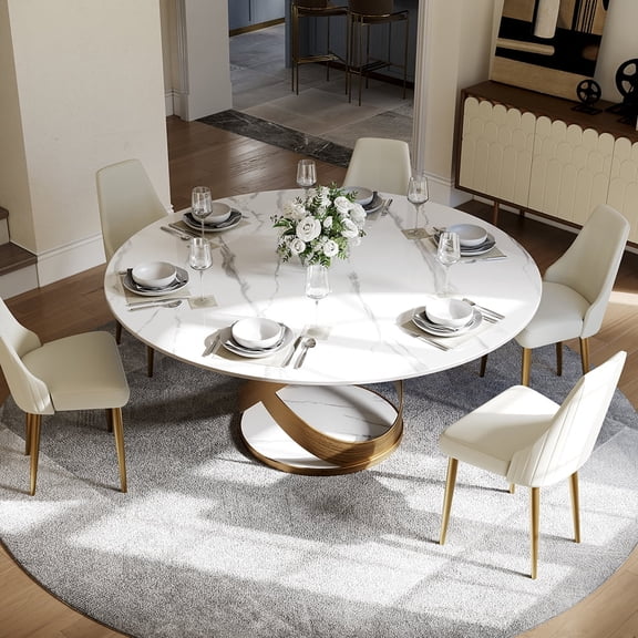 POVISON 59"Modern Round Glossy White Dining Table for 4, Sintered Stone Tabletop with Bronze X Carbon Steel Base