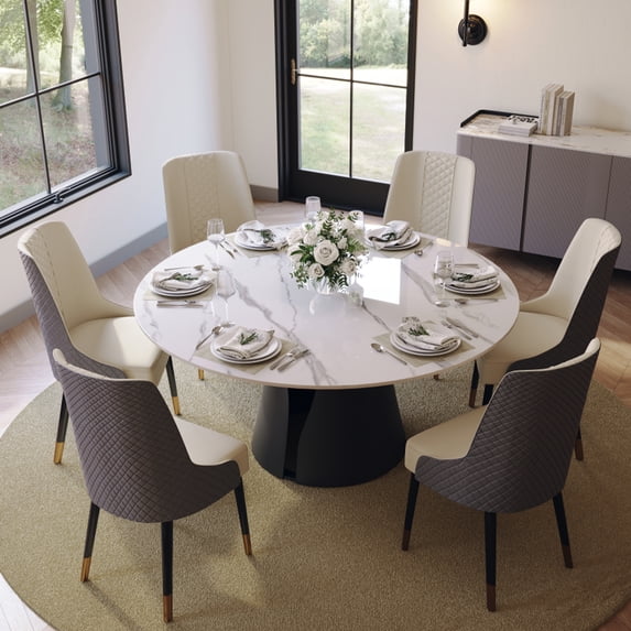 POVISON 59"Modern Round White Dining Table for 6, Glossy Sintered Stone Tabletop, Solid Black Carbon Steel Pedestal Base