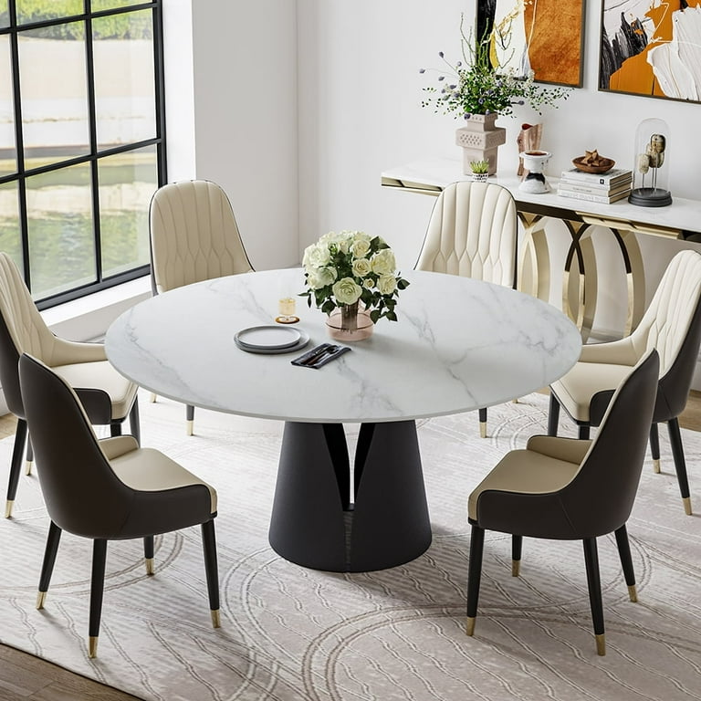 POVISON 47 Modern Round White Dining Table for 4 Matte Sintered Stone Tabletop Solid Black Carbon Steel Base