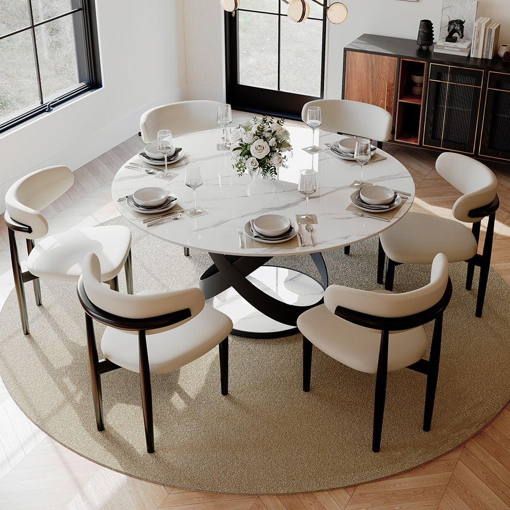 "POVISON 59""Modern White Glossy Dining Table For 6, Sintered Stone Top ...