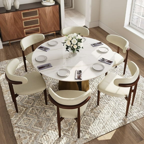 POVISON 59"Modern White Round Dining Table for 6, Glossy Sintered Stone Tabletop, Bronze Carbon Steel Base