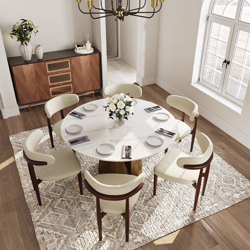 Modern White Round Dining Table with Bronze Base for 6
