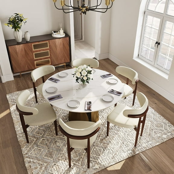 POVISON 59"Modern White Round Dining Table for 6, Glossy Sintered Stone Tabletop, Bronze Carbon Steel Base