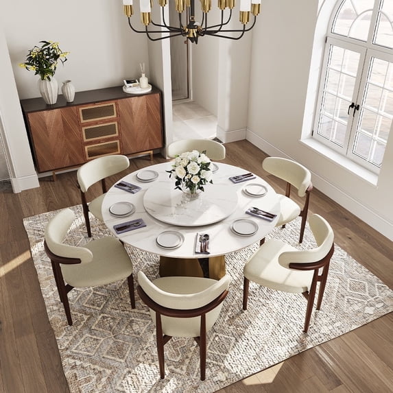 POVISON 59"Modern White Round Dining Table with Lazy Susan for 6, Glossy Sintered Stone Tabletop, Bronze Carbon Steel Base