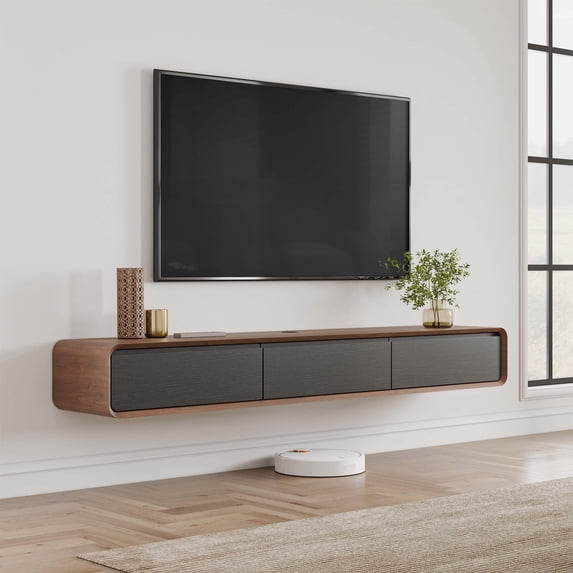 POVISON 63" Minimalist Floating TV Stand for up to 50",Fully Assembled Modern Wall-Mounted Media Console with 3 Flip-Down Cabinet Doors,Walnut & Black