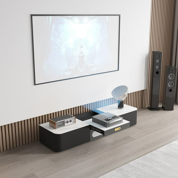 POVISON 62"Modern TV Stand for Projector, Sintered Stone TV Cabinet with Drawers for Home Theater, Oak Veneer MDF, Black & White Media Console