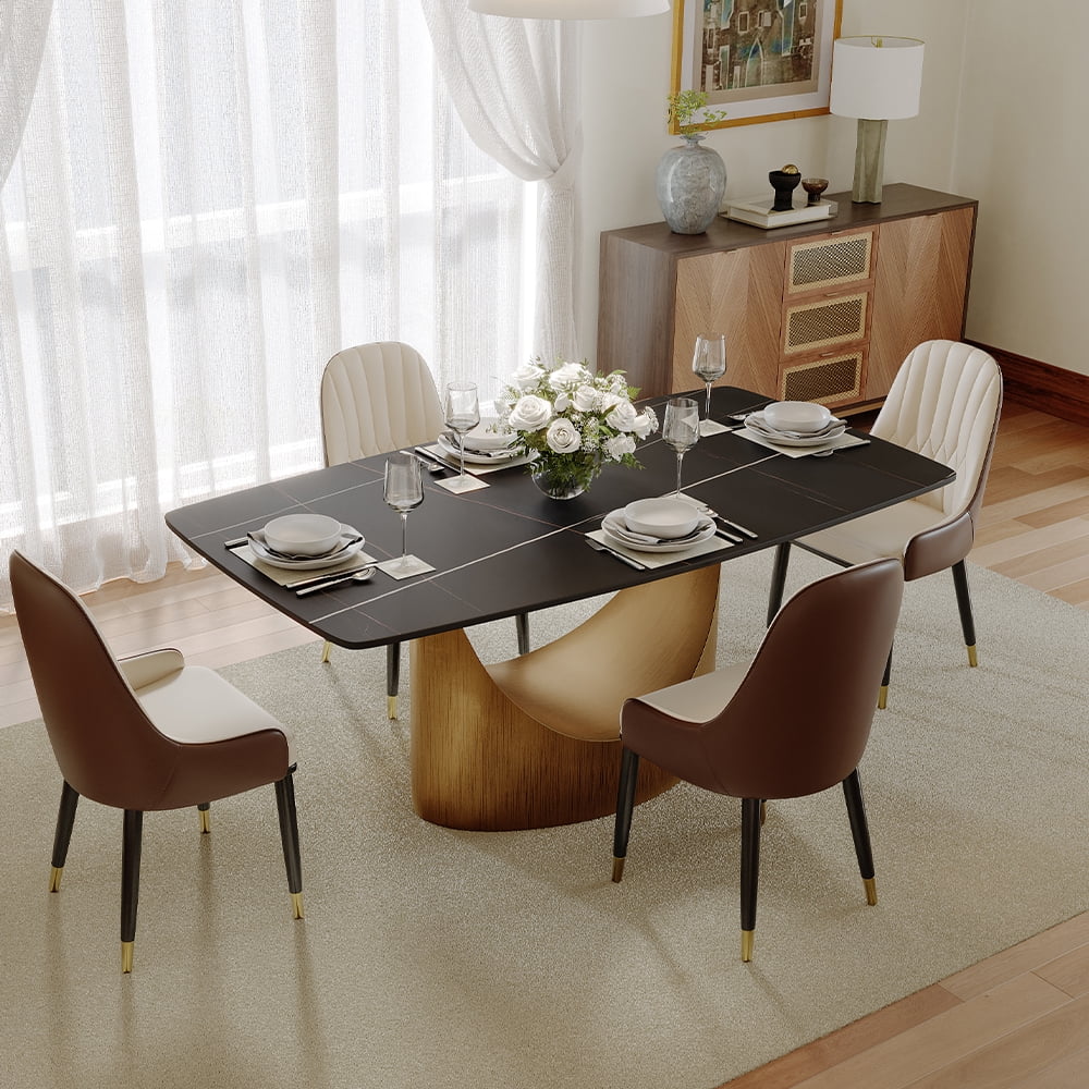 POVISON 63" Modern Dining Table for 4, Rectangular Matte Black Sintered Stone Dining Table with Bronze Carbon Steel Legs