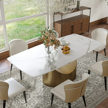 POVISON 63"Hobart Modern Minimalist Dining Table For 4, White Rectangular Matte Sintered Stone Tabletop, Bronze Carbon Steel Leg