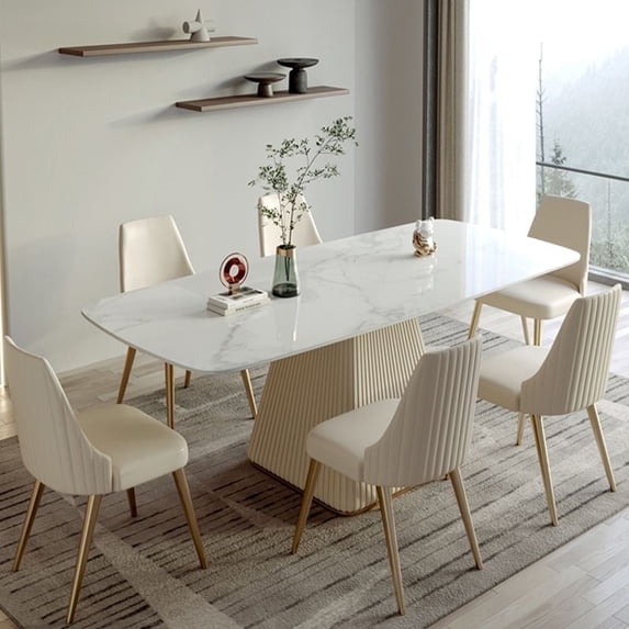 POVISON 63" Minimalist White Pedestal Dining Table,Rectangular Glossy Sintered Stone Tabletop, Roman Column Table Leg for 4