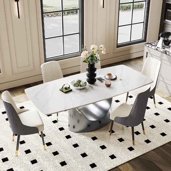 POVISON 63" Modern Dining Table for 4, Rectangular White Sintered Stone Dining Table, Marble-Look Tabletop with Dark Gray Carbon Steel Legs for Dining Room