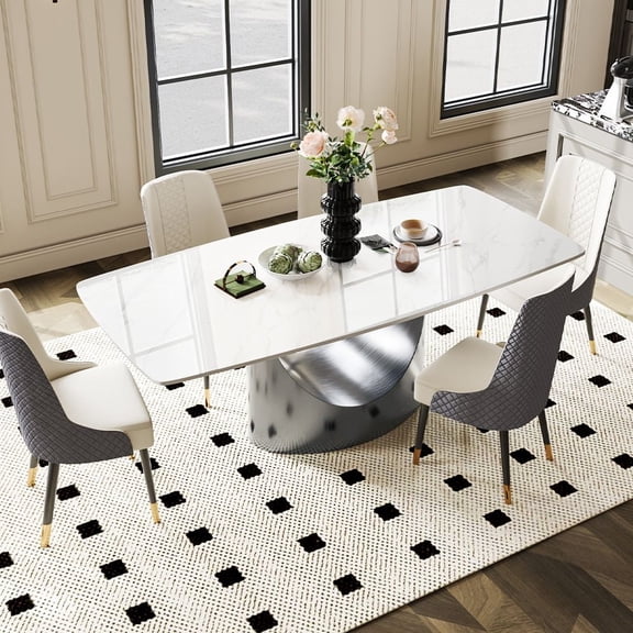 POVISON 63" Modern Rectangular Sintered Stone Dining Table , Grey Heavy Duty Pedestal Base, Gathering, Kitchen (Table Only)