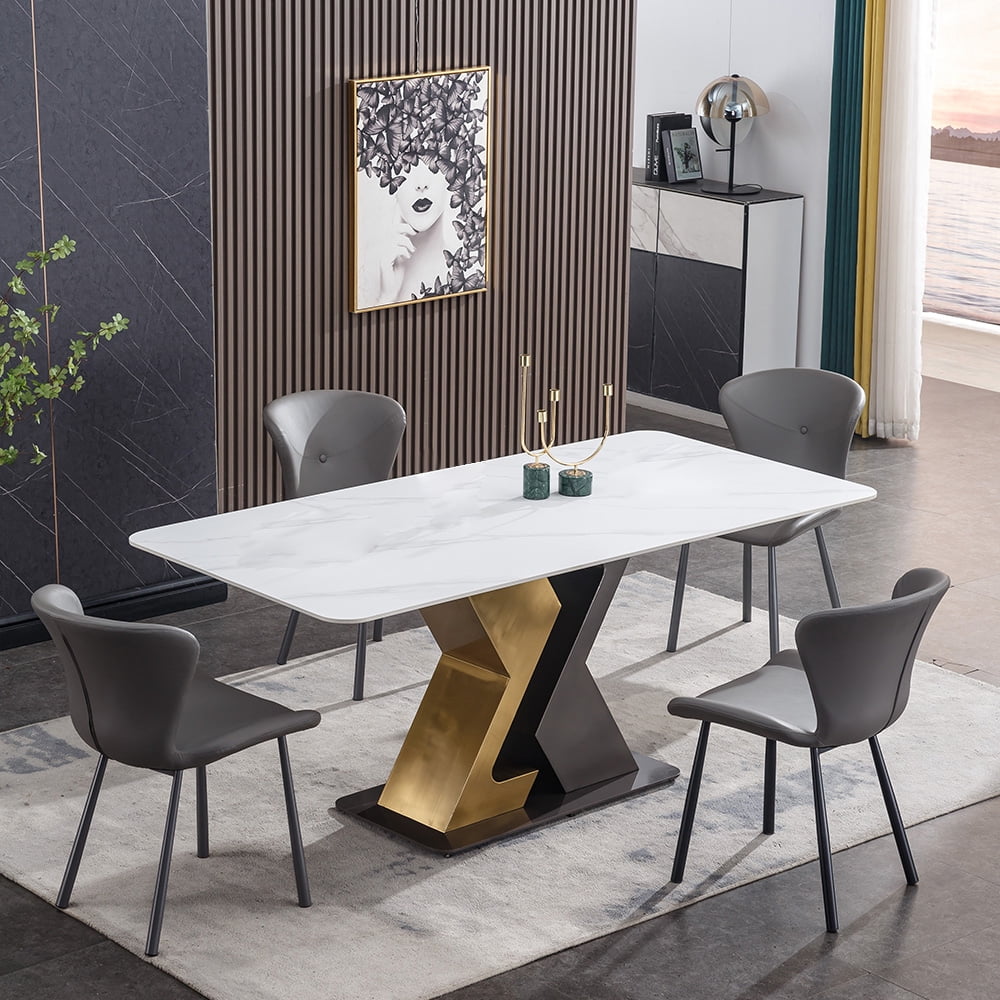 POVISON 63" Modern White Rectangle Sintered Stone Dining Table with X ...