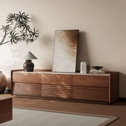 POVISON-70.87 Mid-Century Matte Sintered Stone Tabletop TV Stand, Modern Entertainment Center, Walnut Color Cabinet with Adjustable Light, Fully-Assembled, Perfect for 65-inch TVs